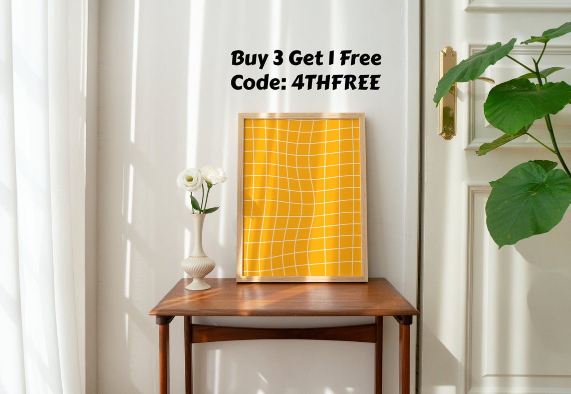 Wavy Yellow Grid Lines Bold Retro Psychedelic Abstract Art Print - Image 4