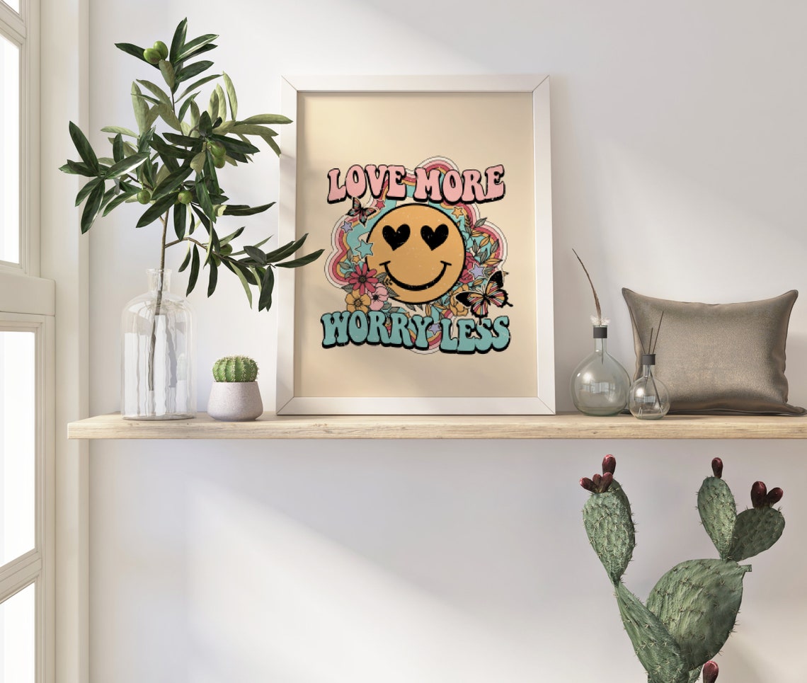 Love More Worry Less Retro Heart Eyes Smiley Groovy Quote Poster - Image 2