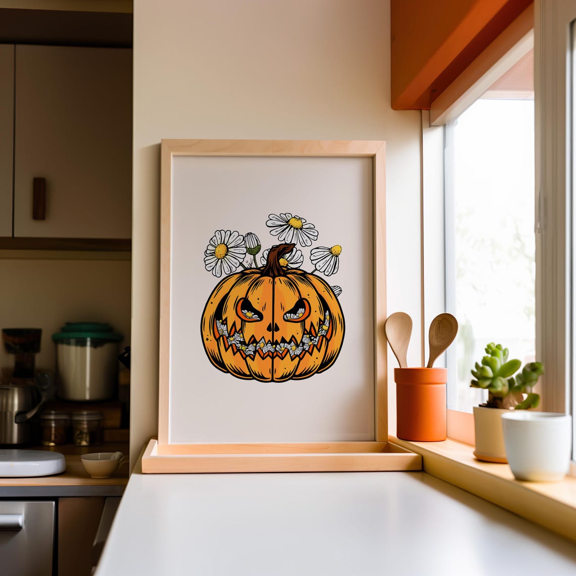 Vintage Jack O Lantern Daisy Pumpkin Fall Retro Halloween Art Poster - Image 2