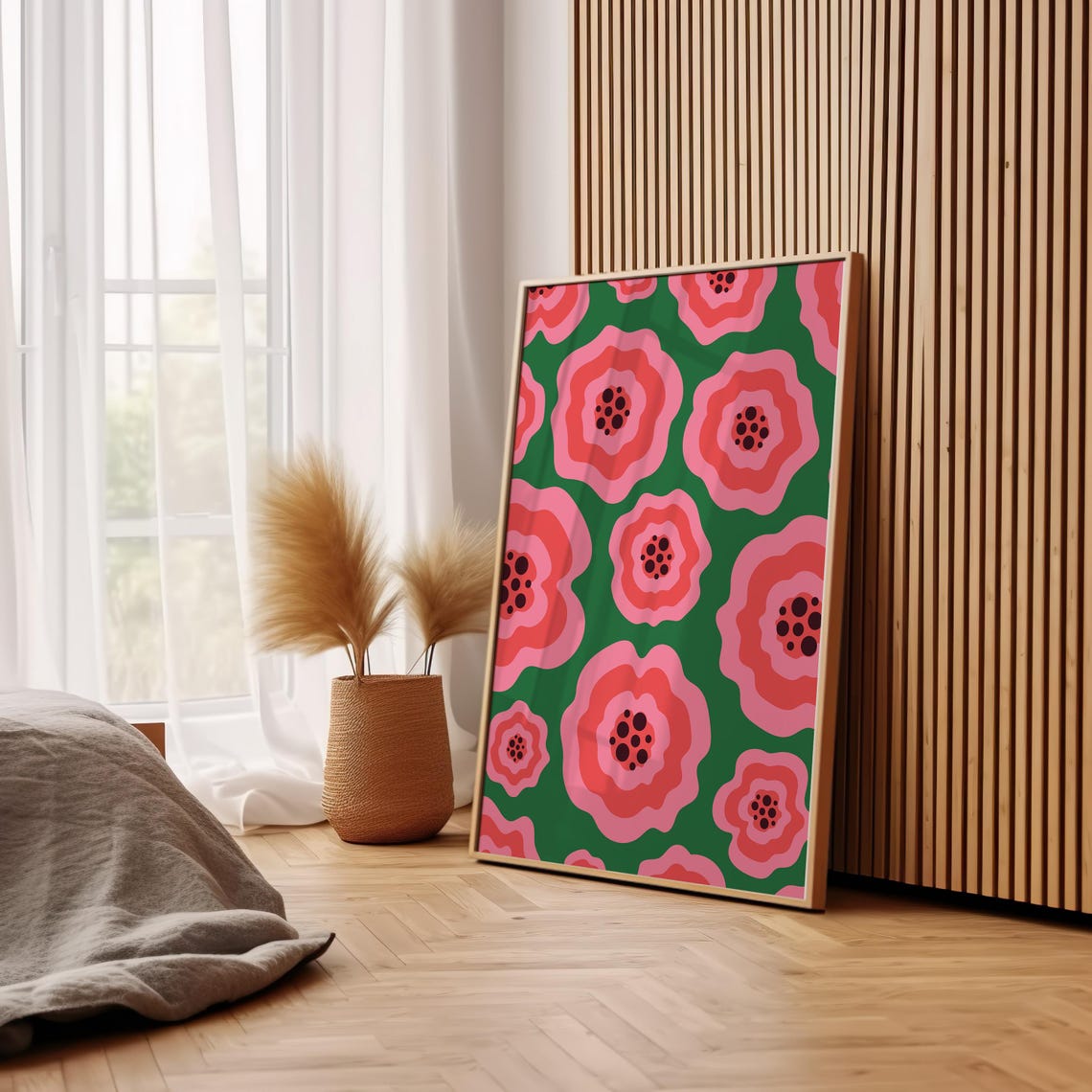 Bold Retro Flower Pattern Poster Pink Green Maximalist Wall Decor - Image 2