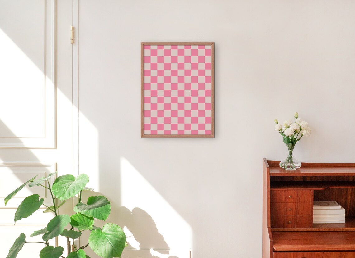 Pink White Checkerboard Trendy Aesthetic Minimalist Art Print - Image 2