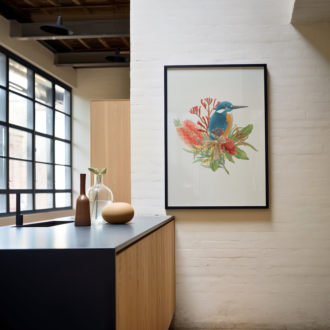 Kingfisher and Australian Native Flowers, Art Print - Image 3