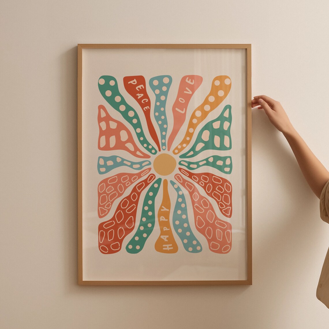 Peace Love Happy Colorful Sunburst Mandala Retro Boho Art Poster