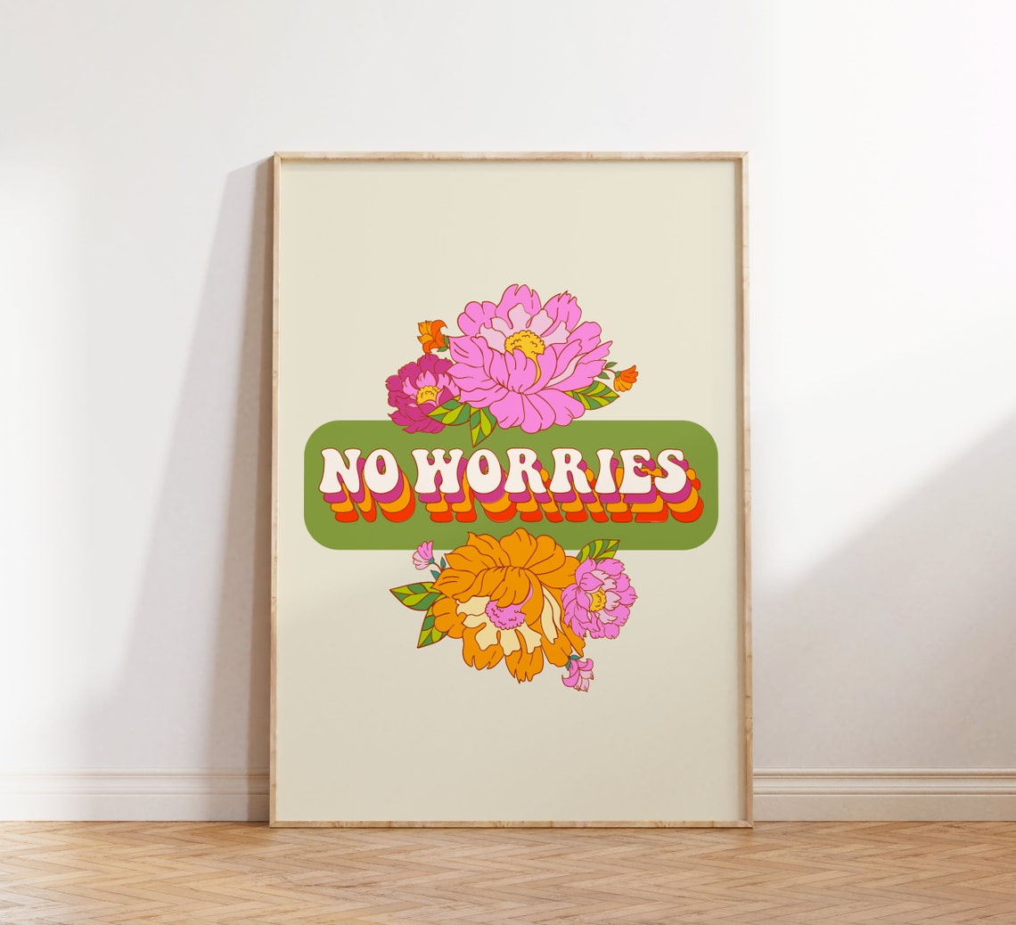 No Worries Retro Bubble Letters Floral Green 70s Style Poster - Image 3