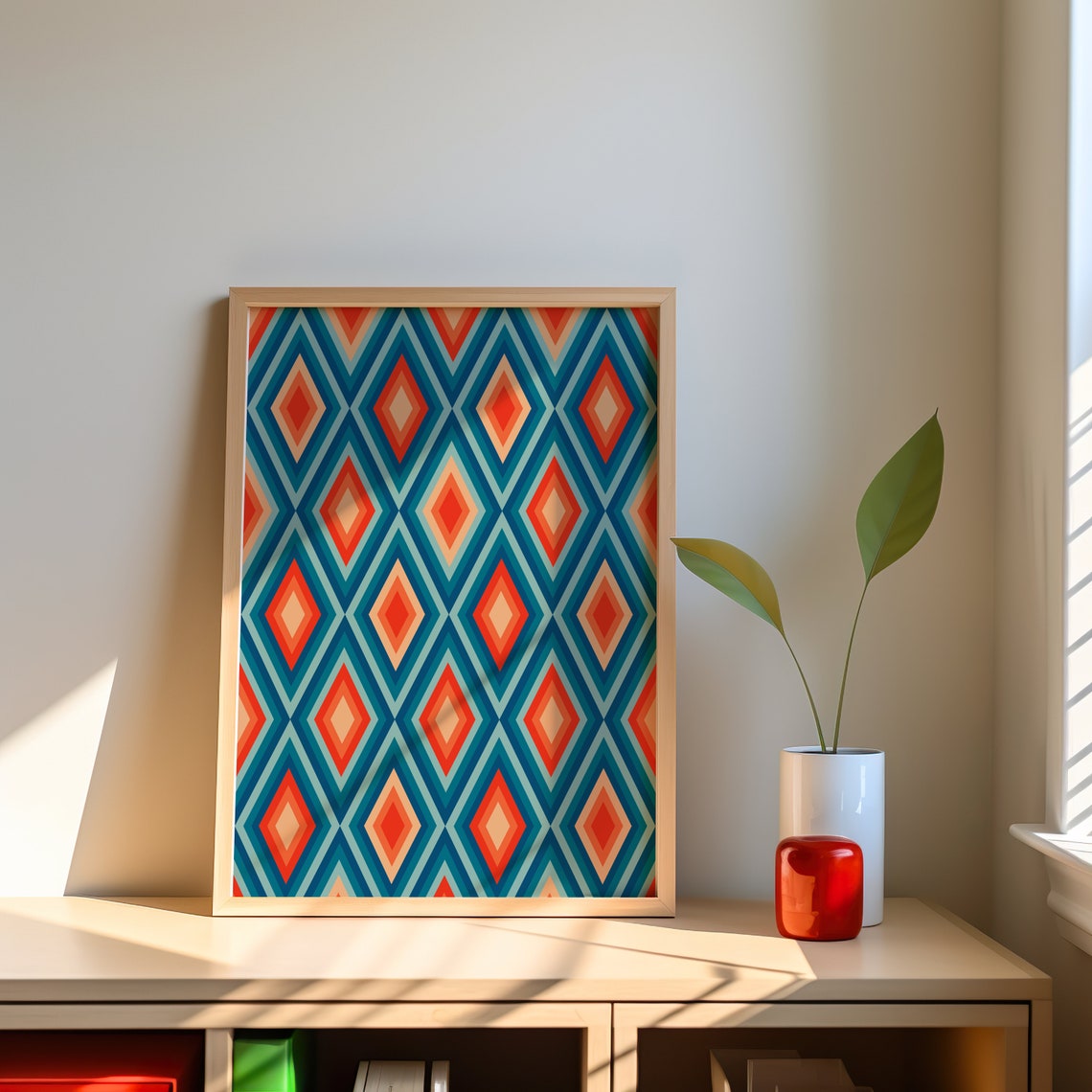 Retro 70s Striped Diamond Geometric Pattern Teal Orange Poster - Image 3