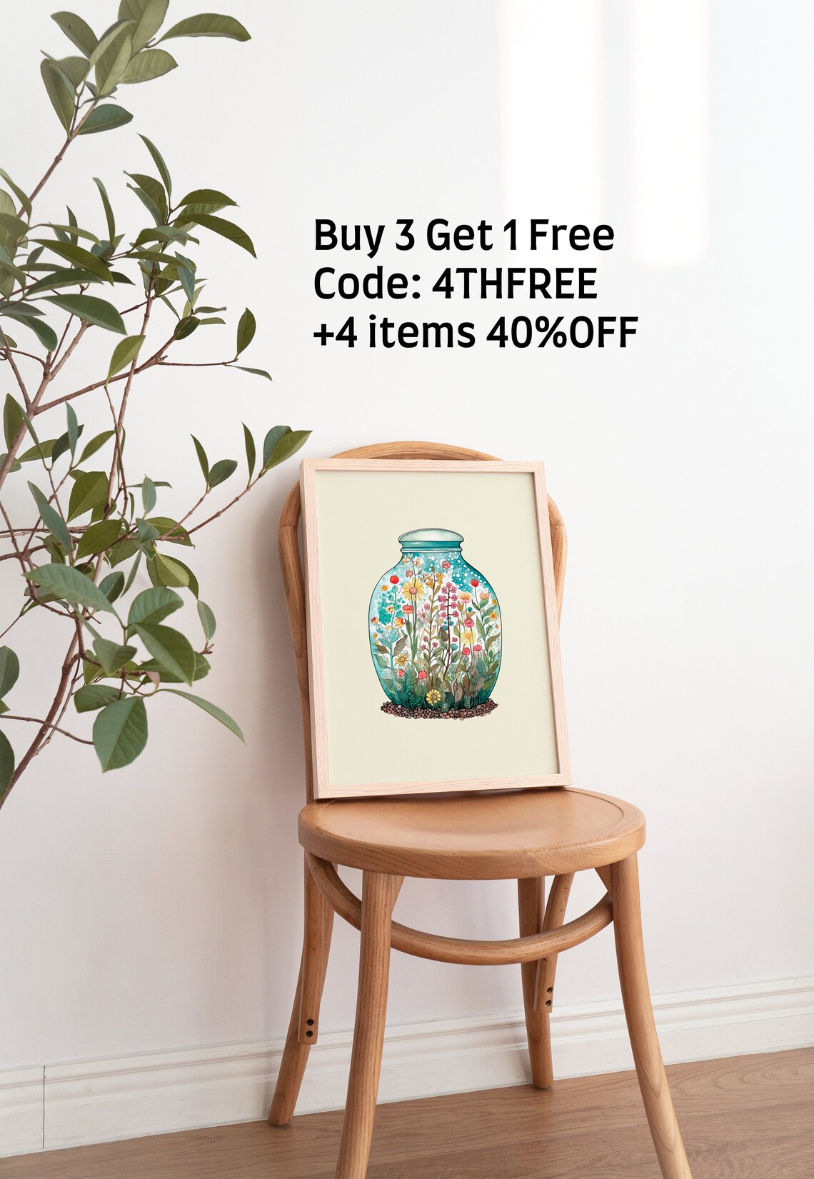 Wildflowers In Glass Jar Watercolor Botanical Terrarium Art Poster - Image 4