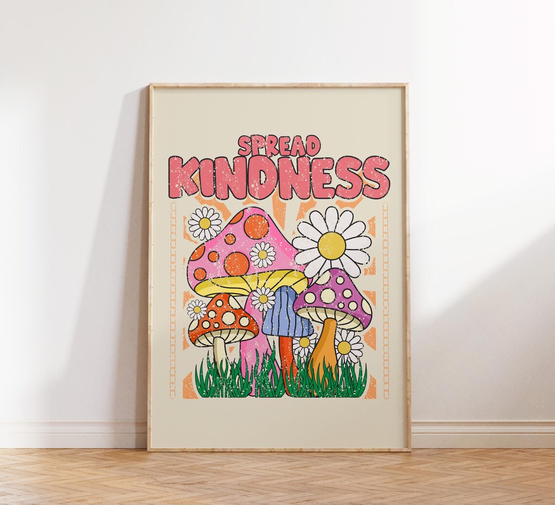 Spread Kindness Retro Mushroom Poster Cottagecore Daisy Quote Decor