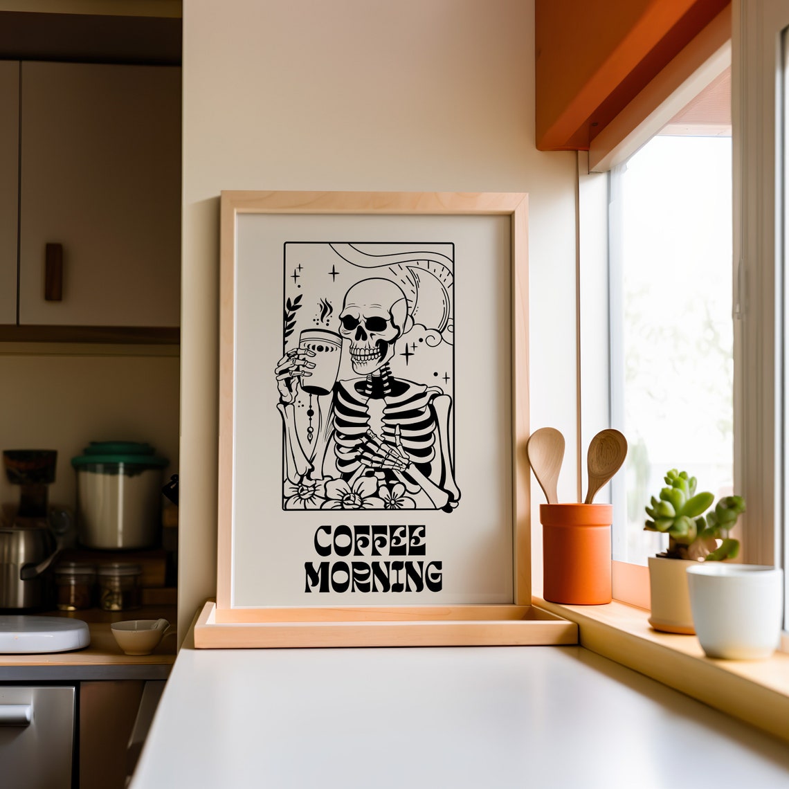 Coffee Morning Skeleton Tarot Style Black Cream Retro Poster - Image 4