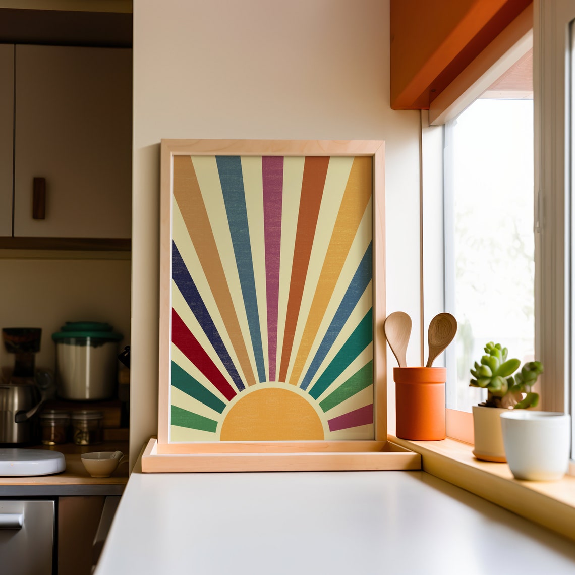 Rainbow Sunburst Colorful Retro Sunrise Boho Striped Art Poster - Image 3