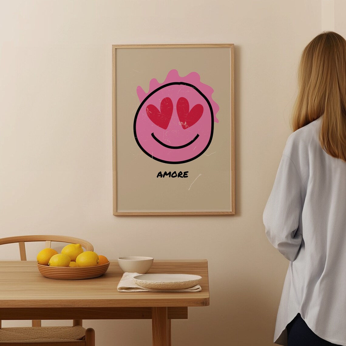 Amore Pink Smiley Heart Eyes Retro Love Distressed Art Poster - Image 3