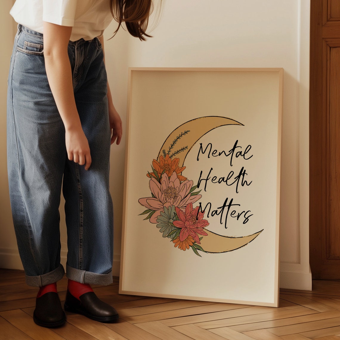 Mental Health Matters Crescent Moon Floral Celestial Quote Poster - Image 4