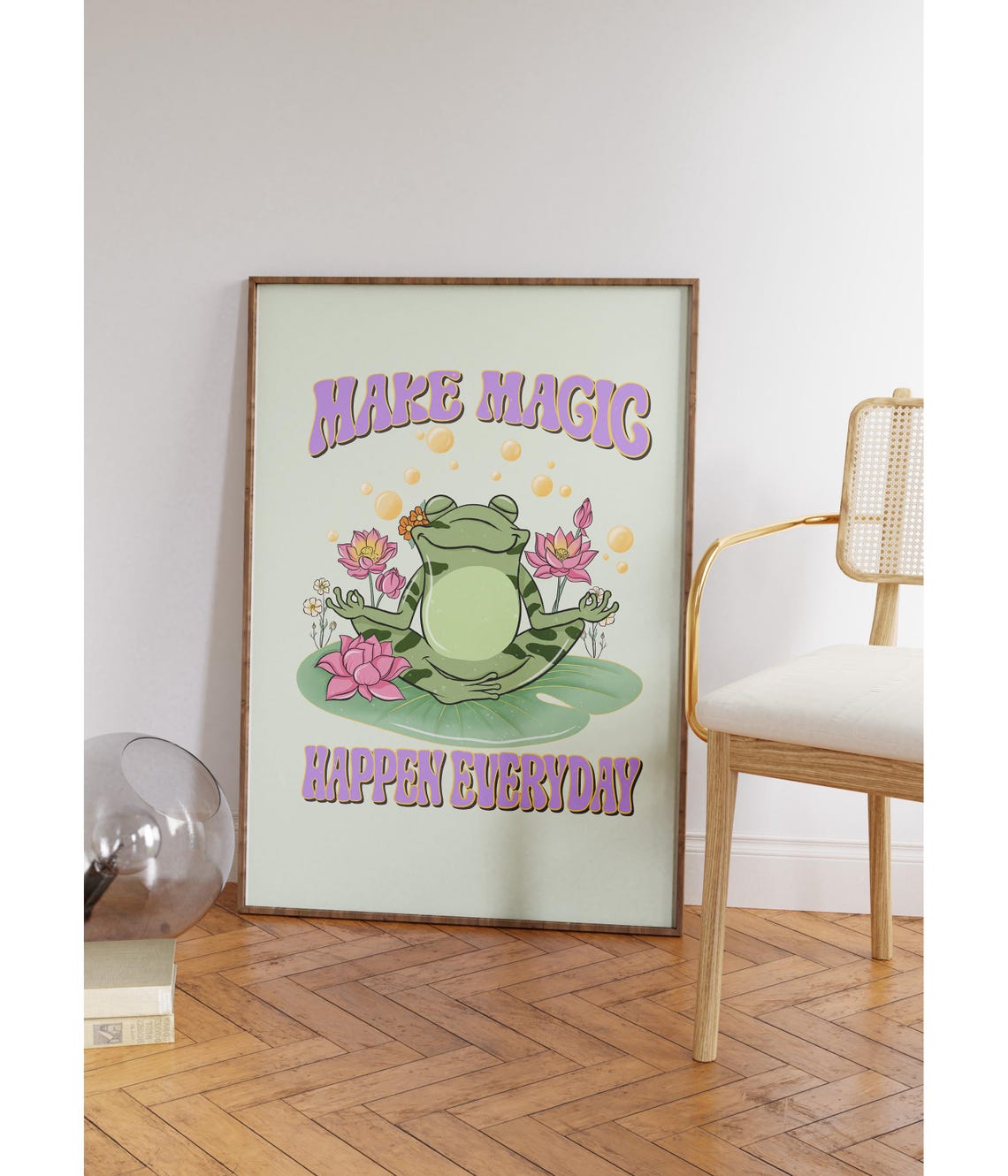 Make Magic Happen Everyday Meditating Frog Retro Groovy Poster - Image 2