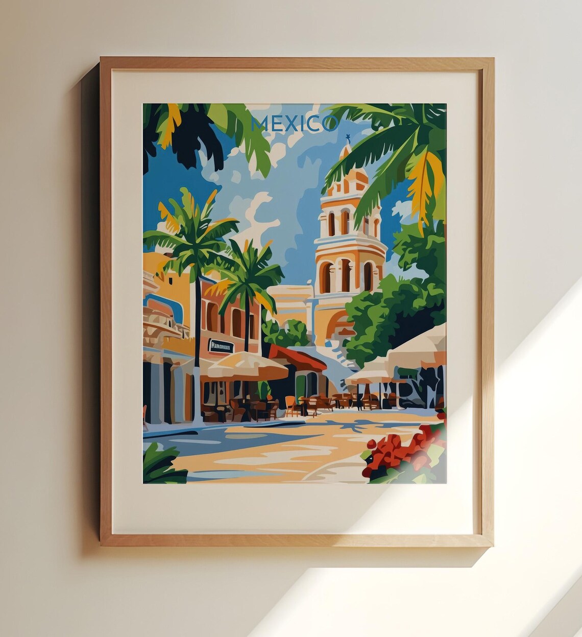 Sunny Mexico Colonial Plaza Church Tower Palm Trees Travel Poster