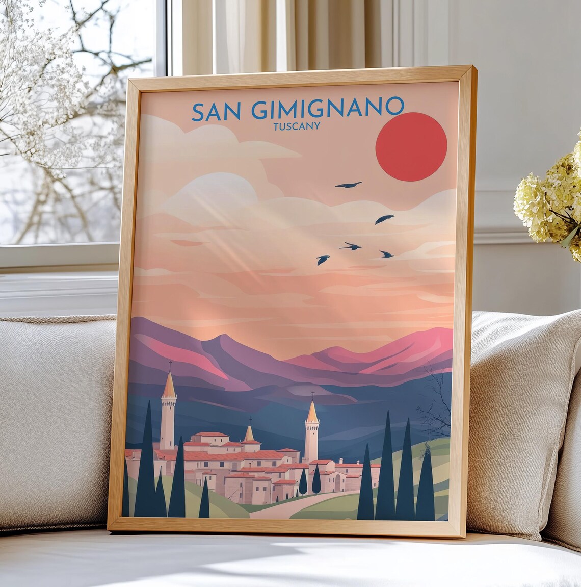 San Gimignano Tuscany Poster Medieval Towers Sunset Hills Travel Art