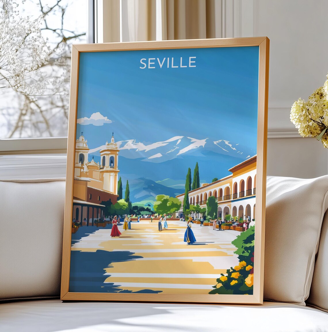 Seville Spanish Plaza Church Mountains Vintage Travel Poster