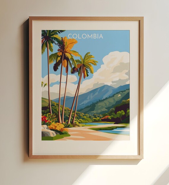 Colombia Tropical Travel Poster Palm Beach Path Mountain River Artwork