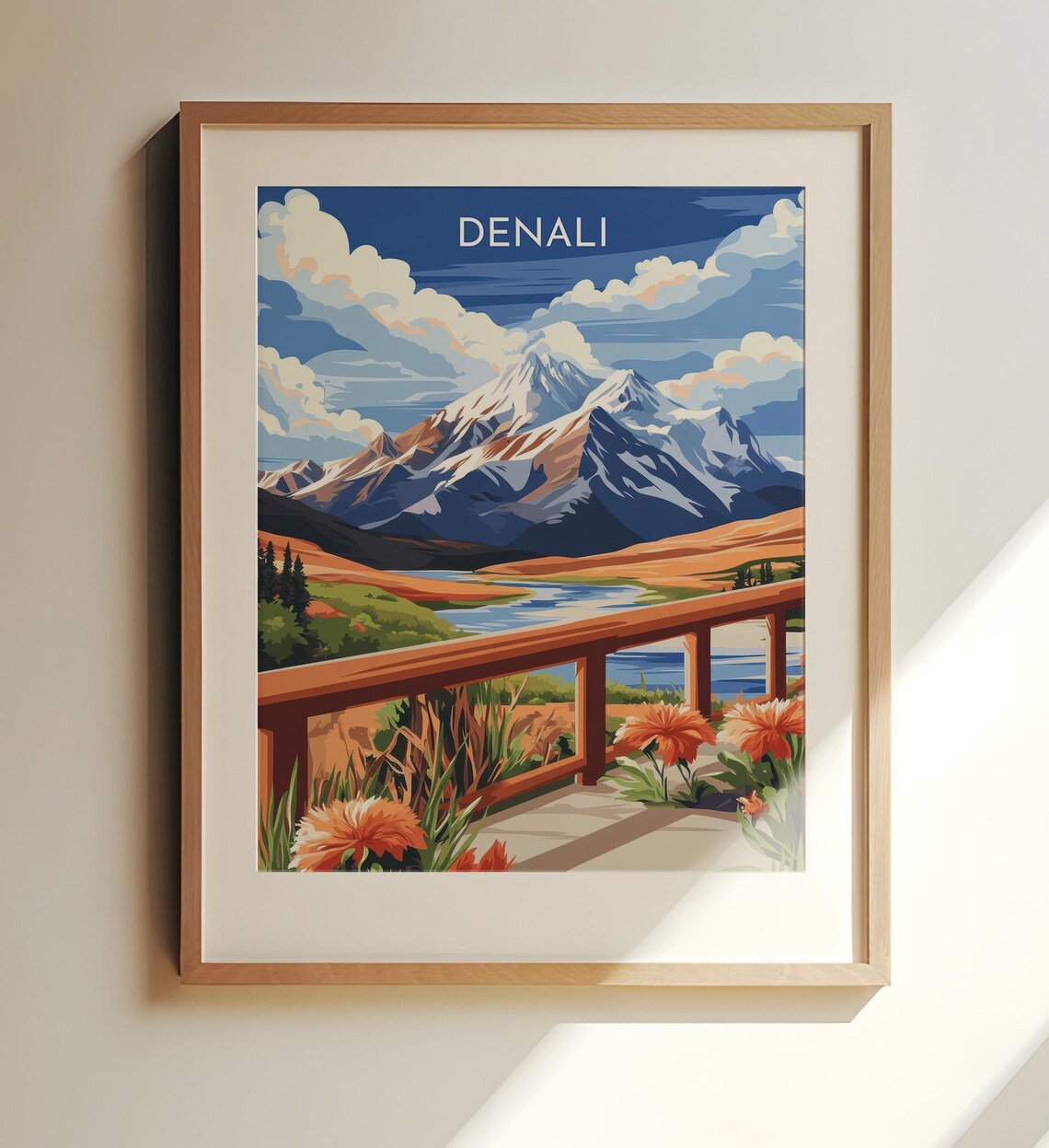 Denali National Park Travel Poster Snow Capped Mountain Lake Viewpoint