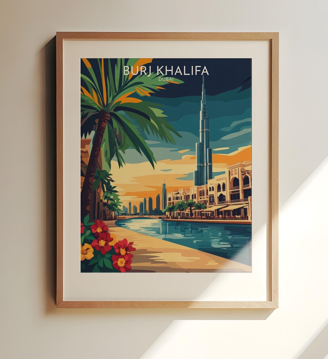 Burj Khalifa Dubai Sunset Palm Canal Skyline Vintage Travel Poster