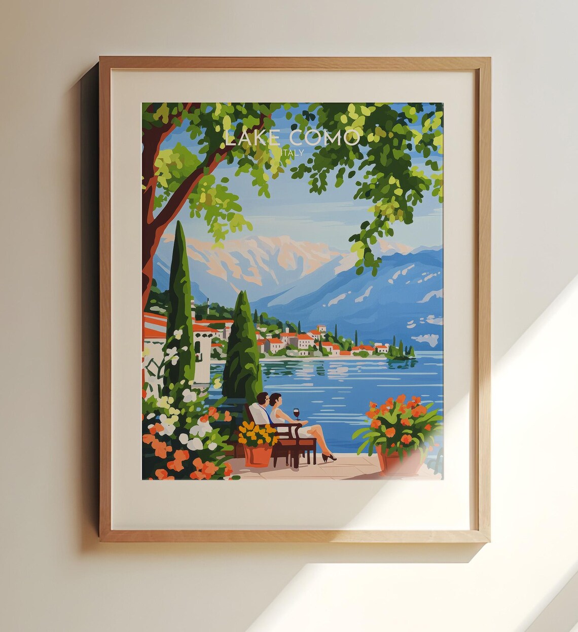 Lake Como Italy Terrace Couple Lakeside Village View Travel Poster