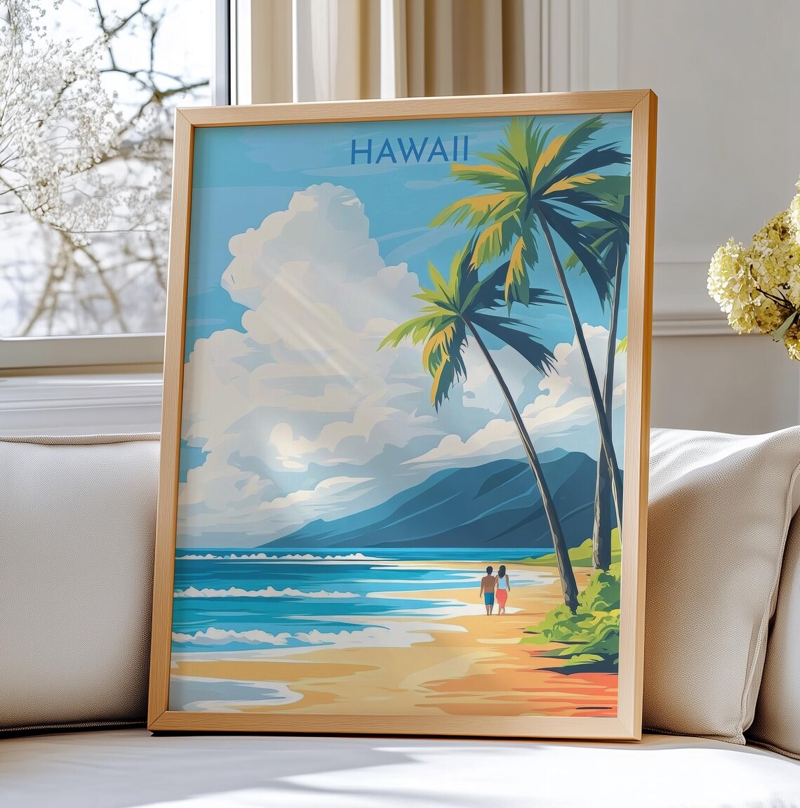 Hawaii Tropical Beach Palm Trees Vintage Travel Style Poster