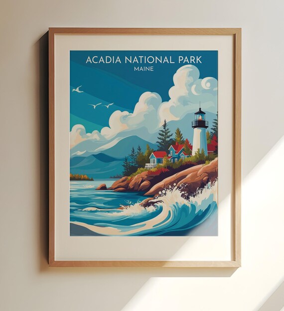 Acadia National Park Maine Lighthouse Rocky Coast Waves Art Poster