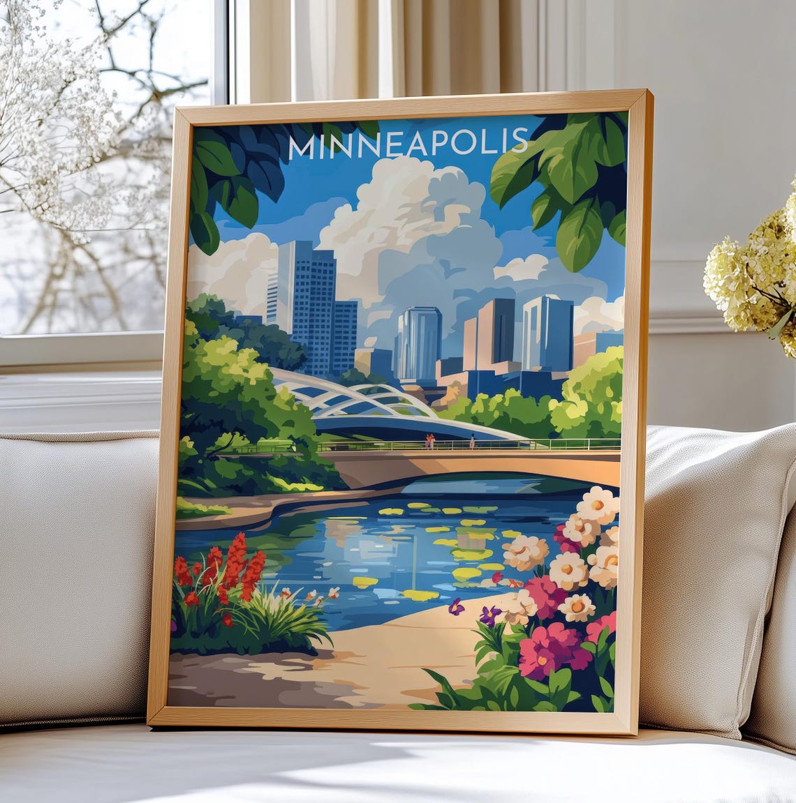 Minneapolis Skyline Bridge Riverside Summer Park Travel Poster