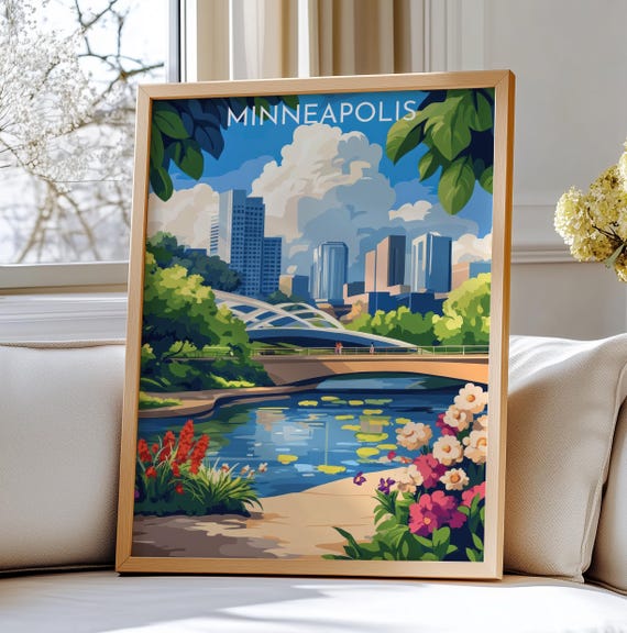 Minneapolis Usa Travel Art Print Scenic Skyline And Bridge Illustration