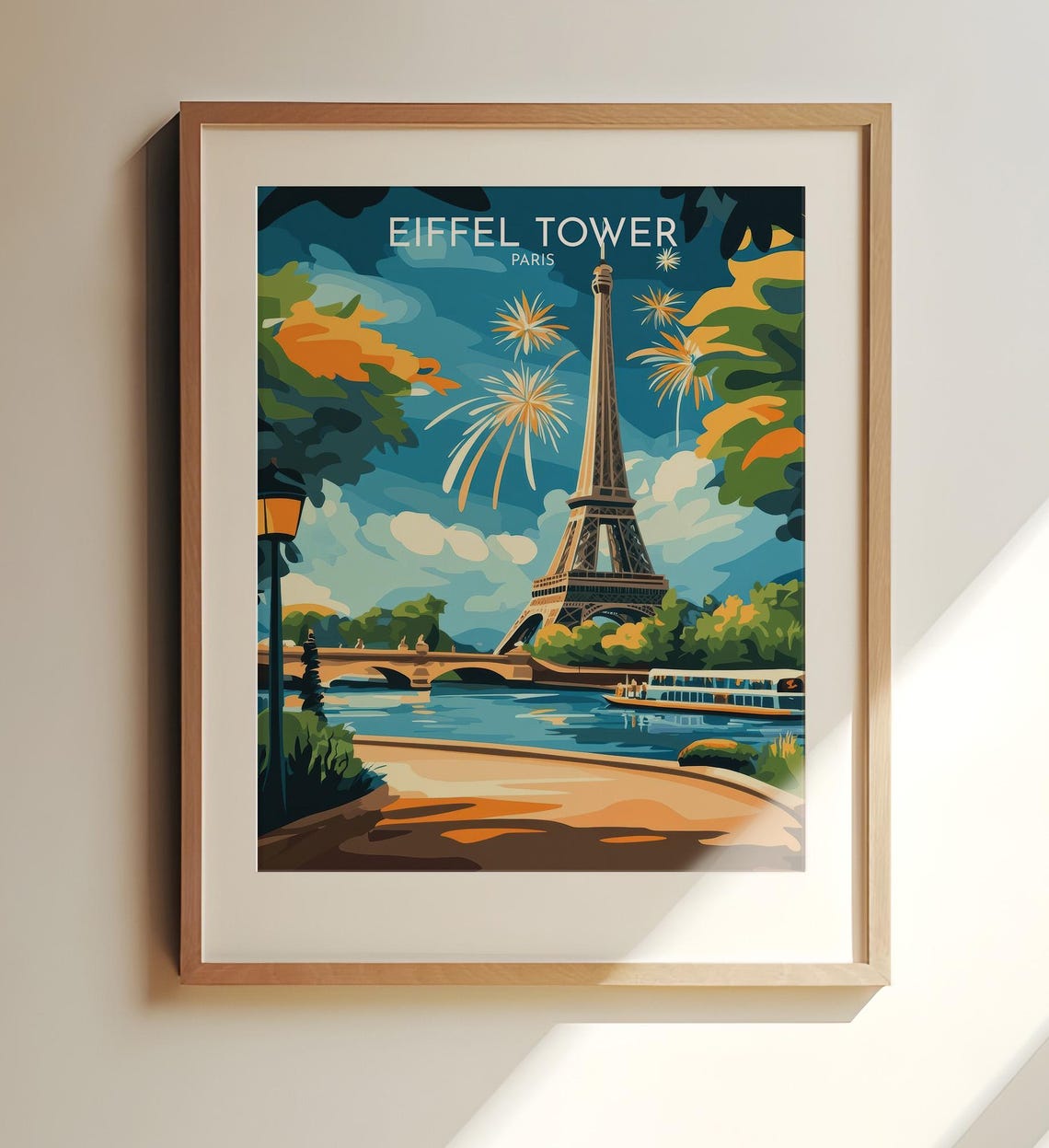 Eiffel Tower Paris Fireworks Night Sky Over The Seine Travel Poster