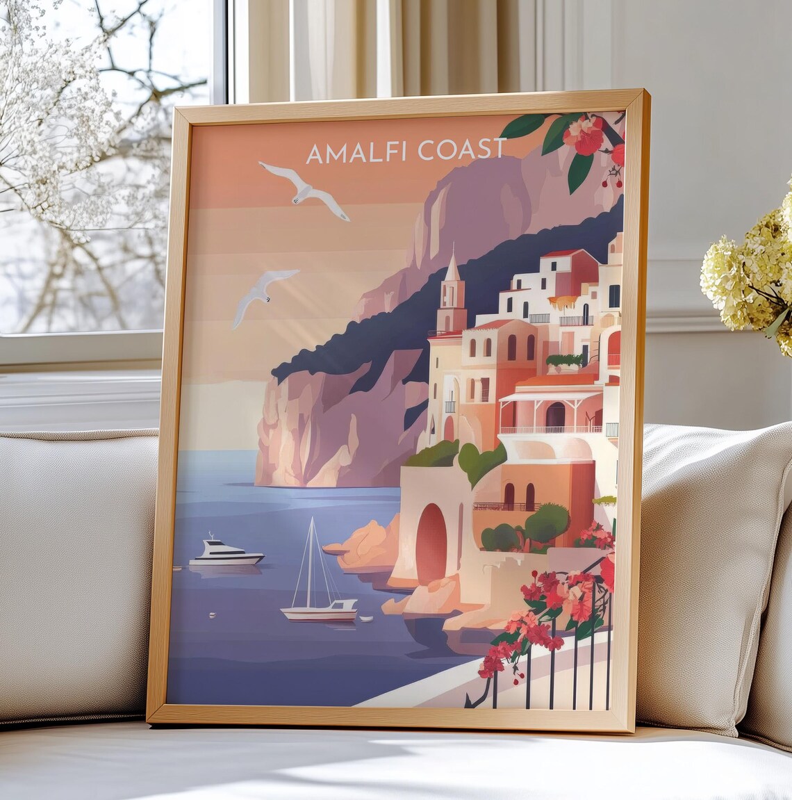 Amalfi Coast Italy Cliffside Village Seaside Sunset Travel Poster