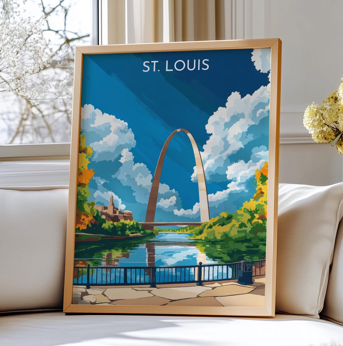 St Louis Gateway Arch Scenic Travel Poster Blue Sky River Art