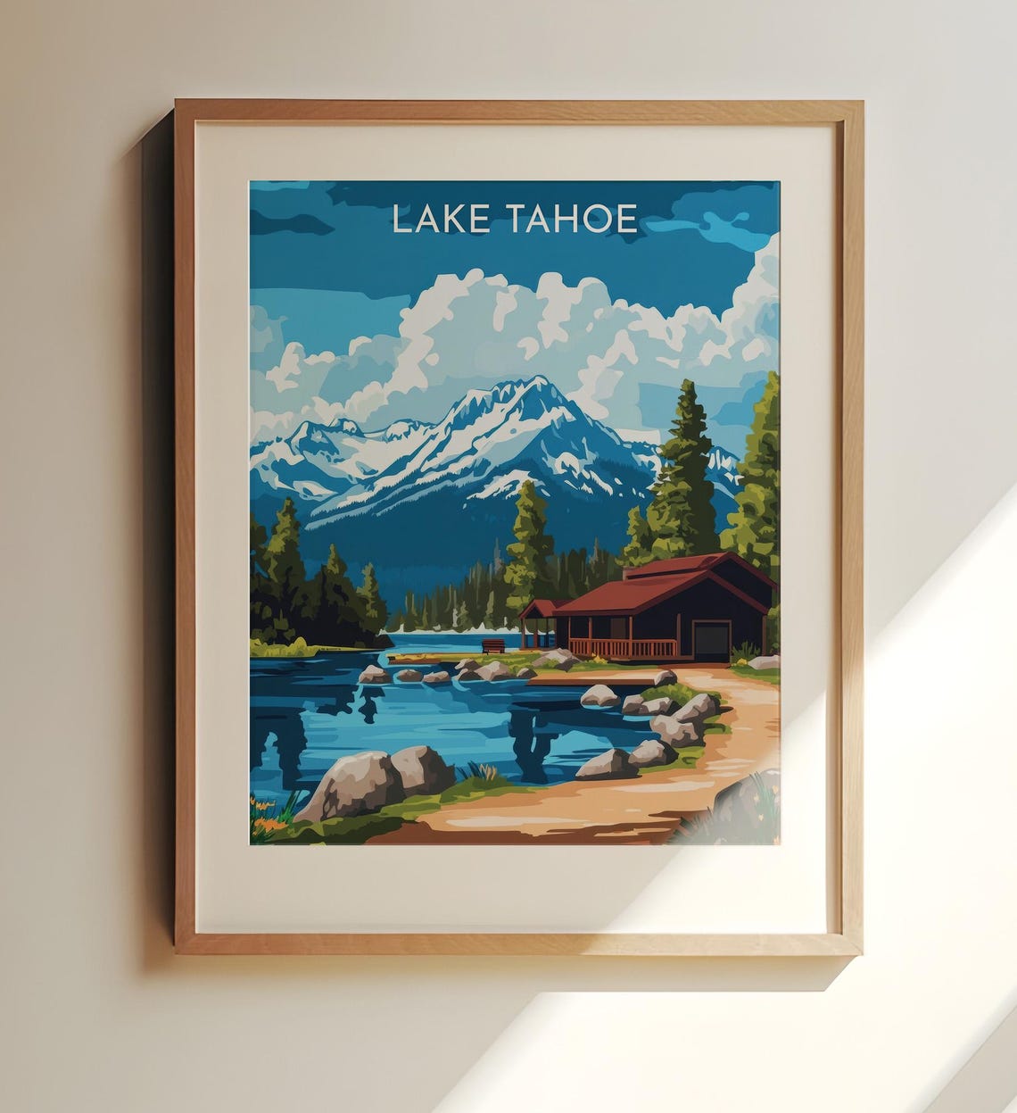 Lake Tahoe Red Cabin Snowy Mountain Lake Vintage Travel Art Poster