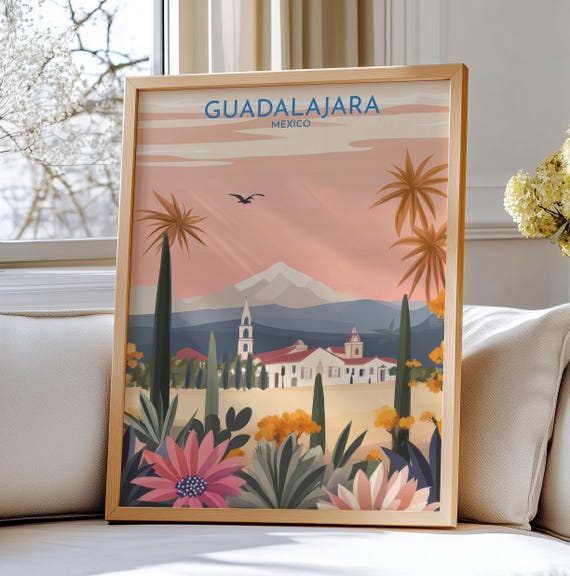 Guadalajara Mexico Art Poster Travel Mountains And Colonial Charm