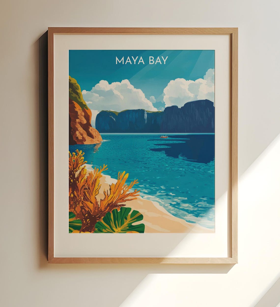 Maya Bay Thailand Turquoise Cliffs Longtail Boat Travel Art Poster