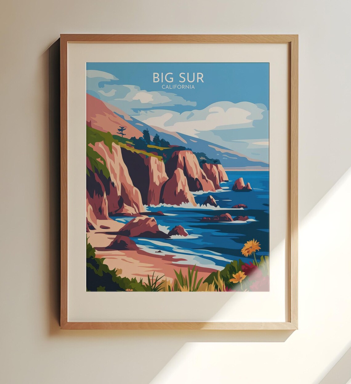 Big Sur California Coastal Cliffs Vintage Travel Poster Sunset Hues