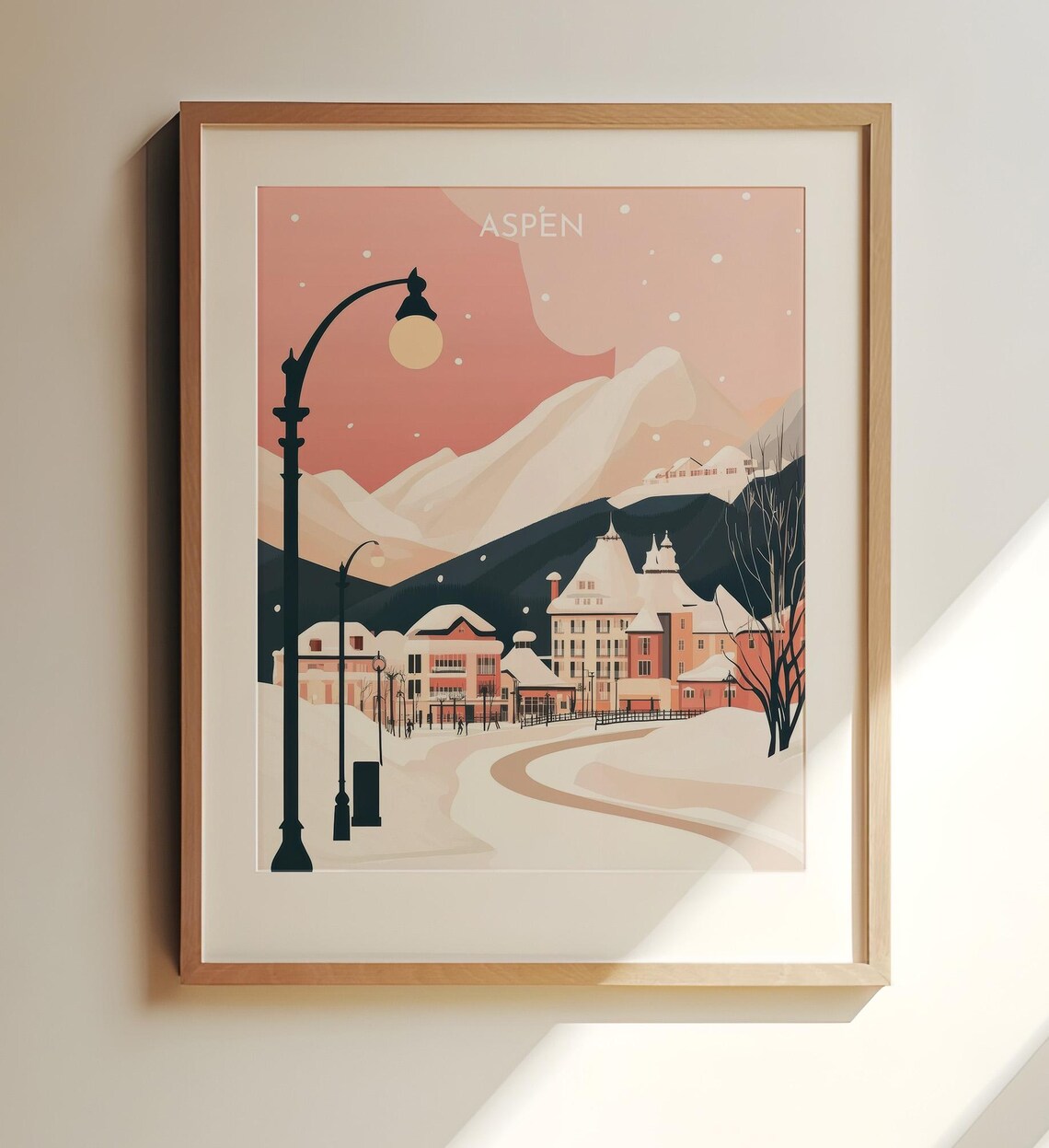 Aspen Colorado Winter Village Pink Snowy Mountains Travel Poster