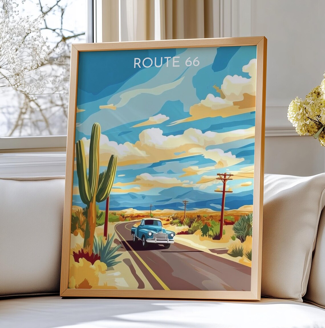 Route 66 USA Vintage Travel Poster, Classic Car