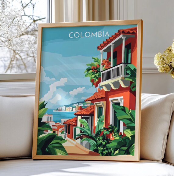 Colombia Colorful Colonial Street Tropical Coastal Travel Art Poster