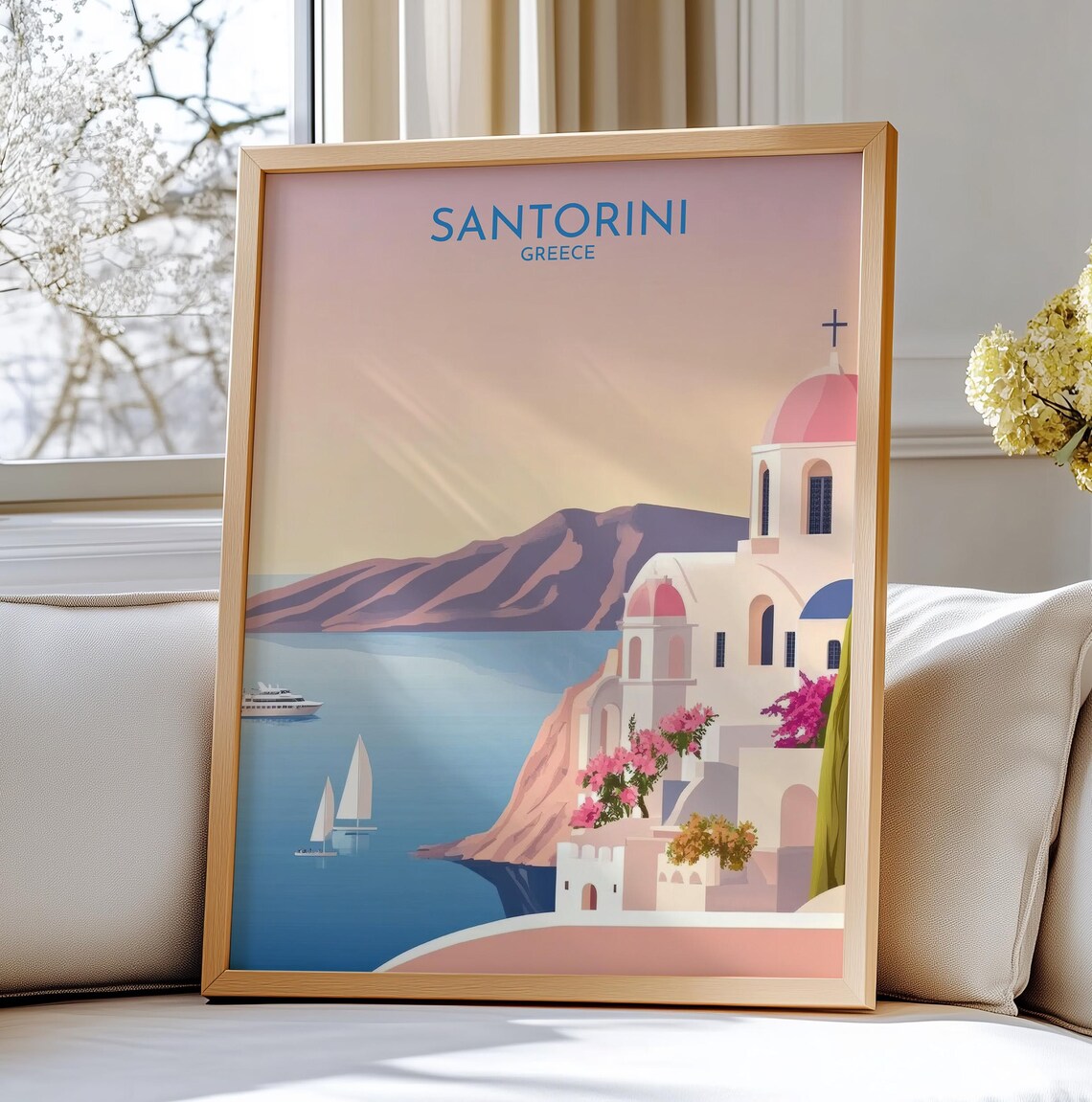 Santorini Greece Travel Poster White Church Pink Dome Caldera Sea View