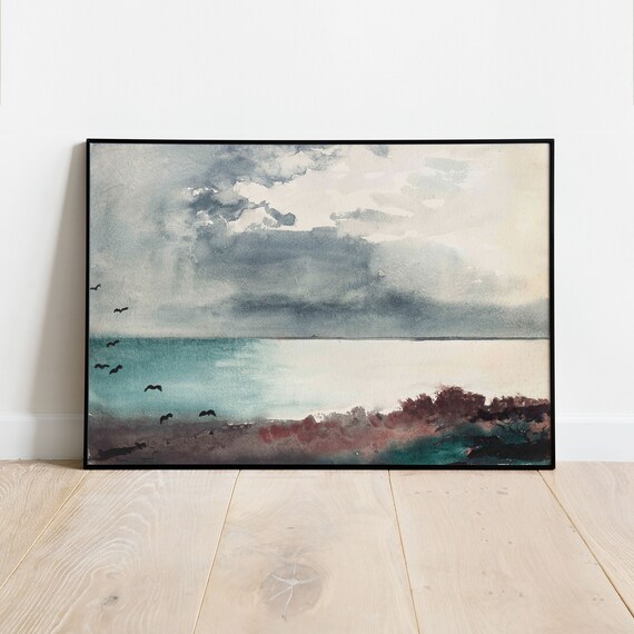 Moody Grey Coastal Watercolor Sea Birds Stormy Sky Minimalist Seascape Poster
