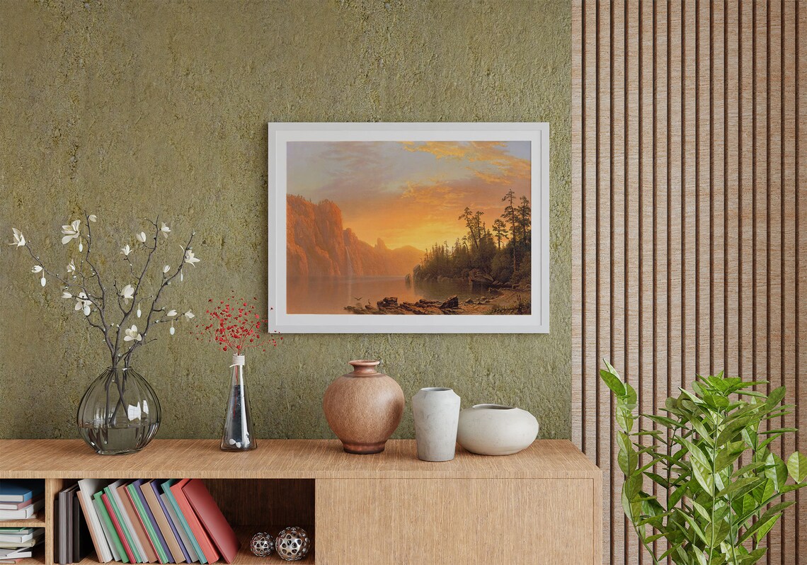 Golden Sunset Lake Cliffs Pine Forest Classic Luminist Landscape Poster - Image 2