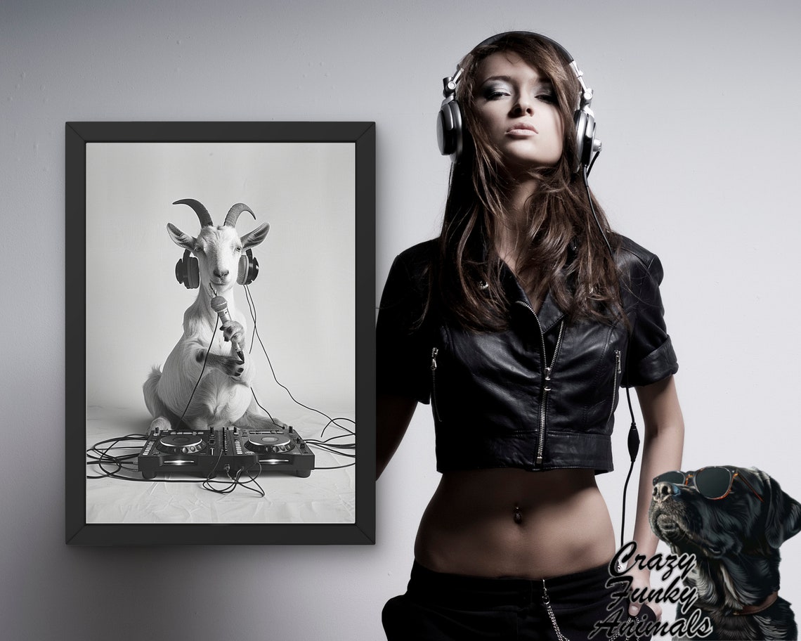 Goat DJ With Headphones and Microphone at the Turntables Poster - Image 3