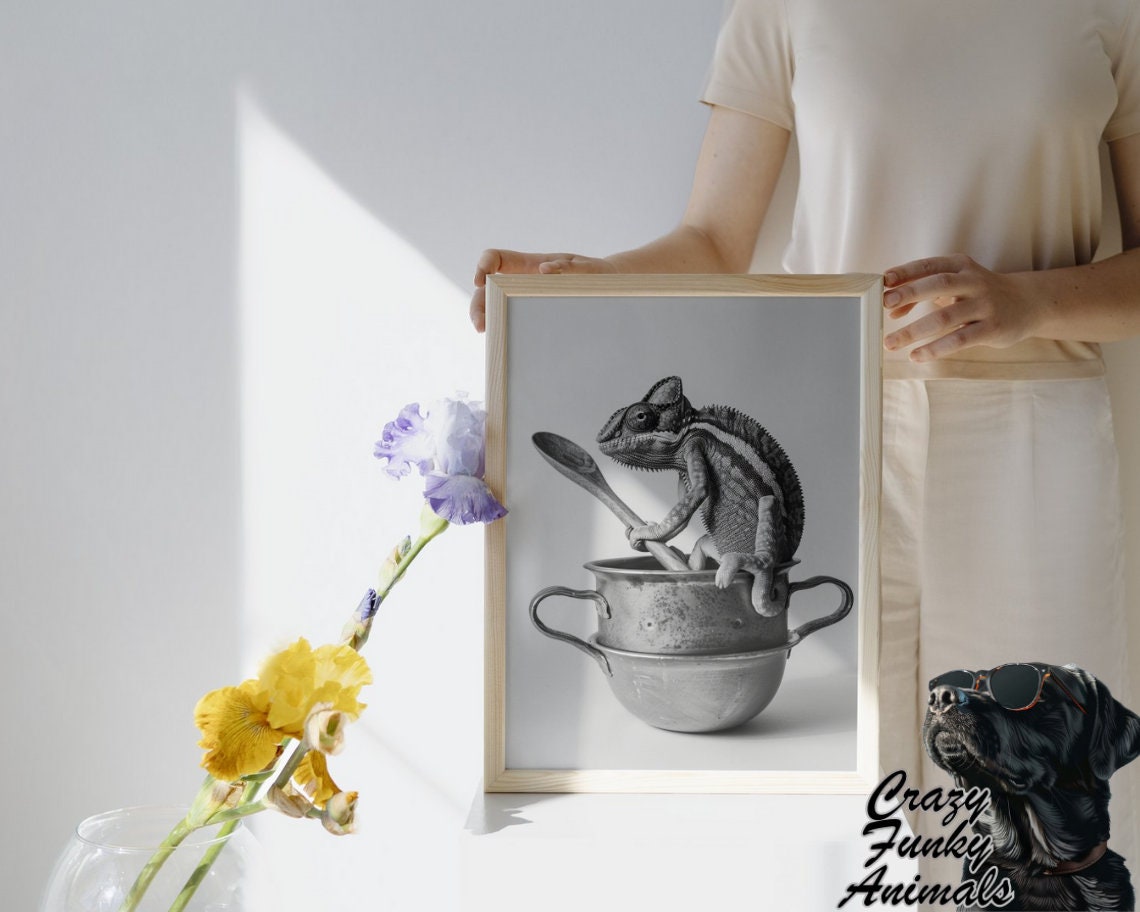 Funny Chameleon Stirring Pots with a Wooden Spoon Kitchen Poster - Image 3