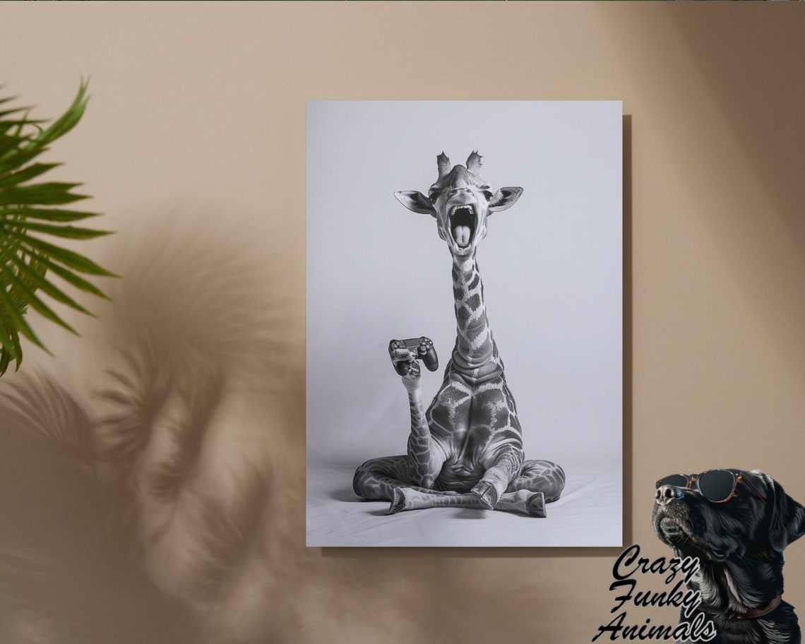 Tall Giraffe Gamer Holding a Game Controller Funny Animal Poster - Image 3
