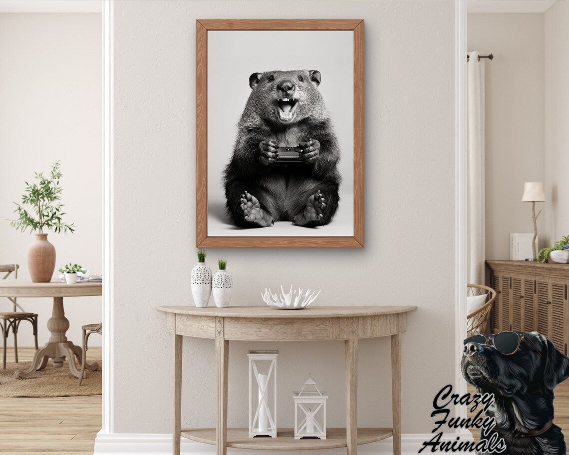 Funny Beaver Poster Beaver With Controller Gamer Gift Humorous Animal Art Wall Decor For Gaming Rooms - Image 2