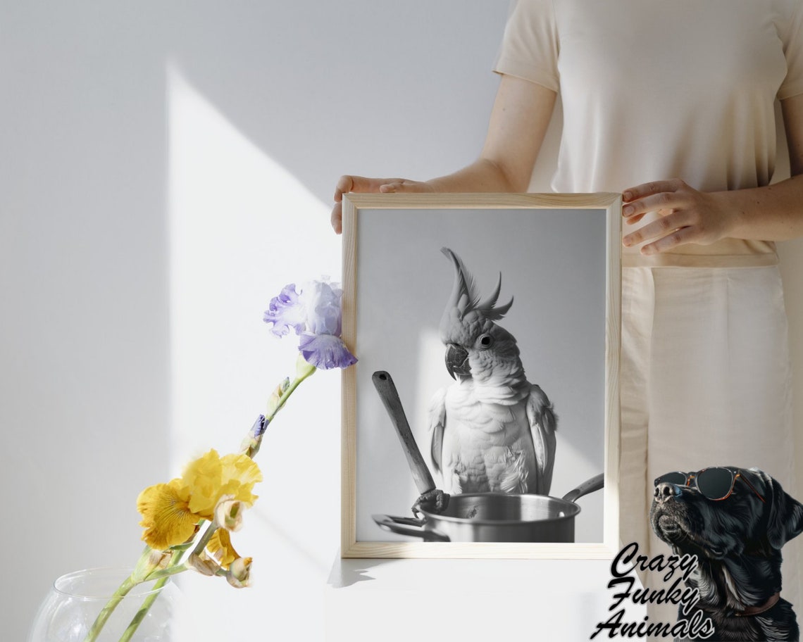 Funny White Cockatoo Cooking with a Wooden Spoon and Pot Poster - Image 3
