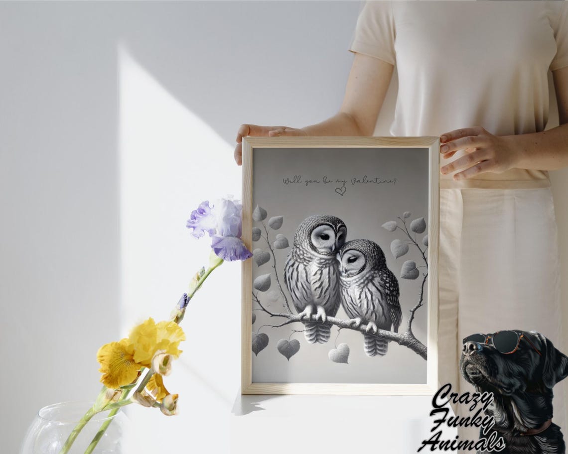 Two Owls Snuggling on a Branch with Heart Leaves Funny Poster - Image 3