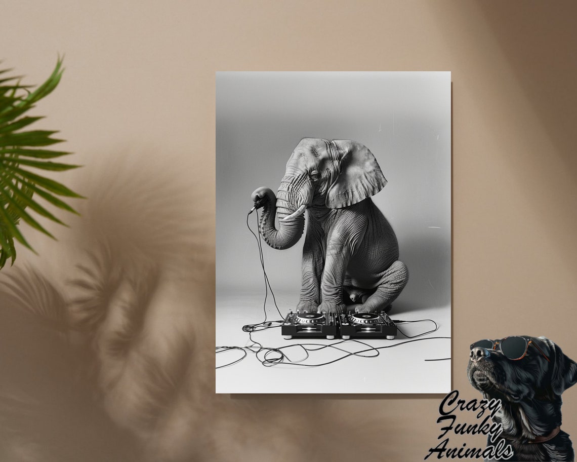 Elephant DJ With a Microphone at the Turntables Funny Poster - Image 2