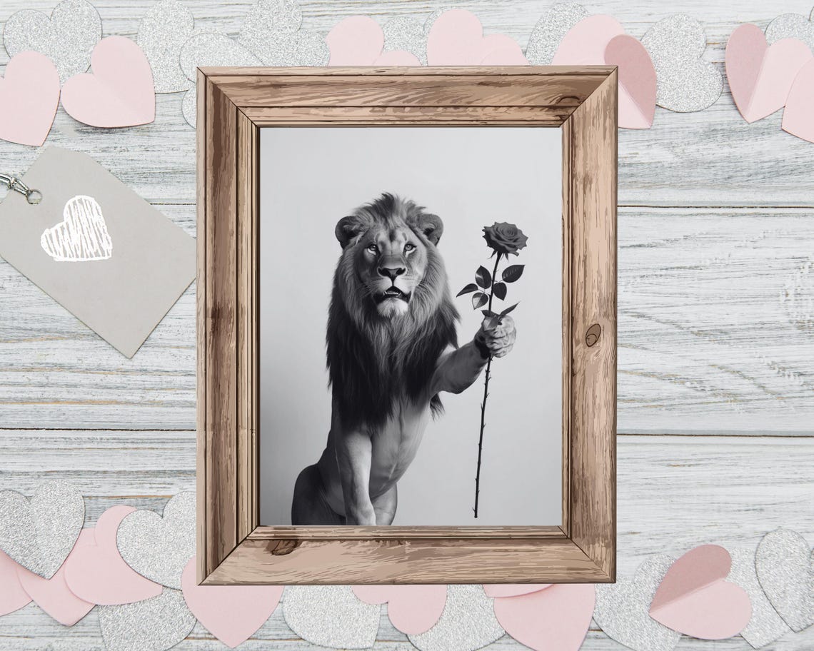 Lion Holding a Dark Rose Elegant Romantic Black and White Poster