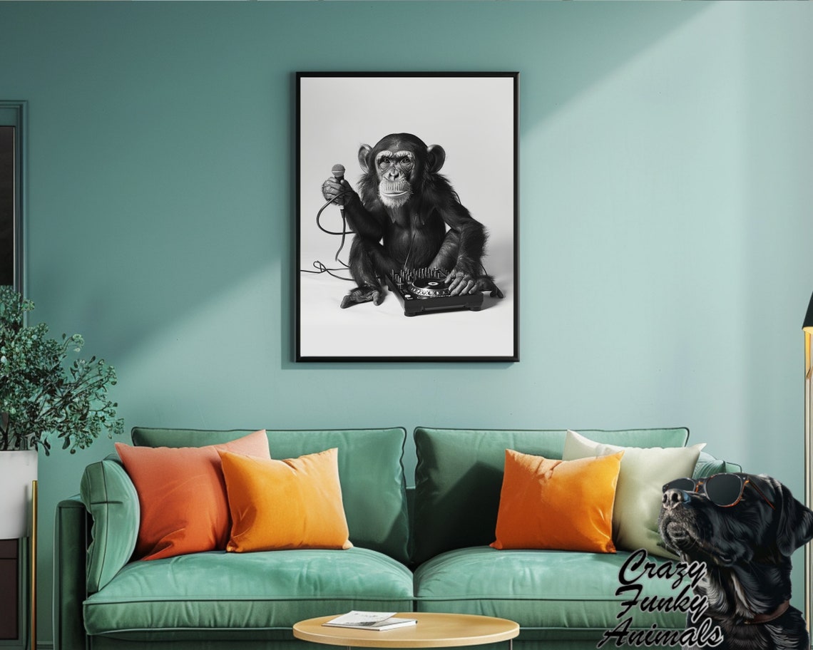 Monkey DJ With a Microphone at the Turntable Funny Music Poster - Image 2