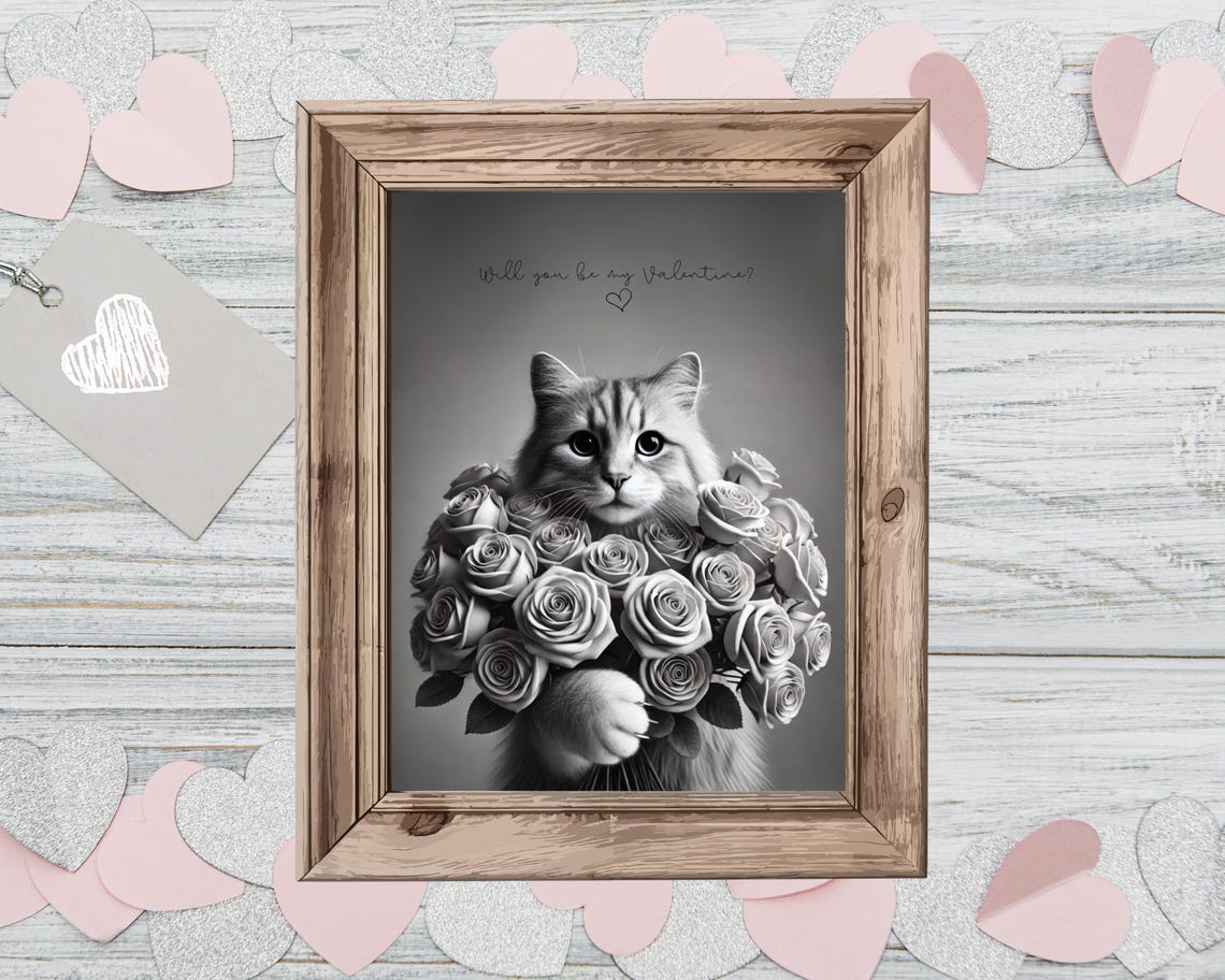 Cat Holding a Big Bouquet of Roses Will You Be My Valentine Poster